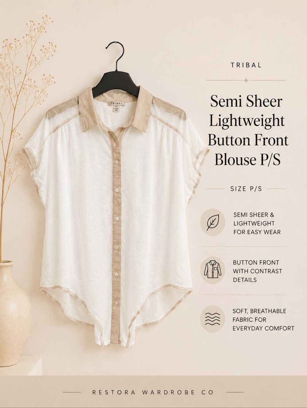Tribal Semi Sheer Lightweight Button Front Blouse P/S